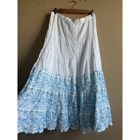 Ingear Dresses & Skirts - Vintage Boho Tired 100% Cotton White And Teal Maxi Skirt